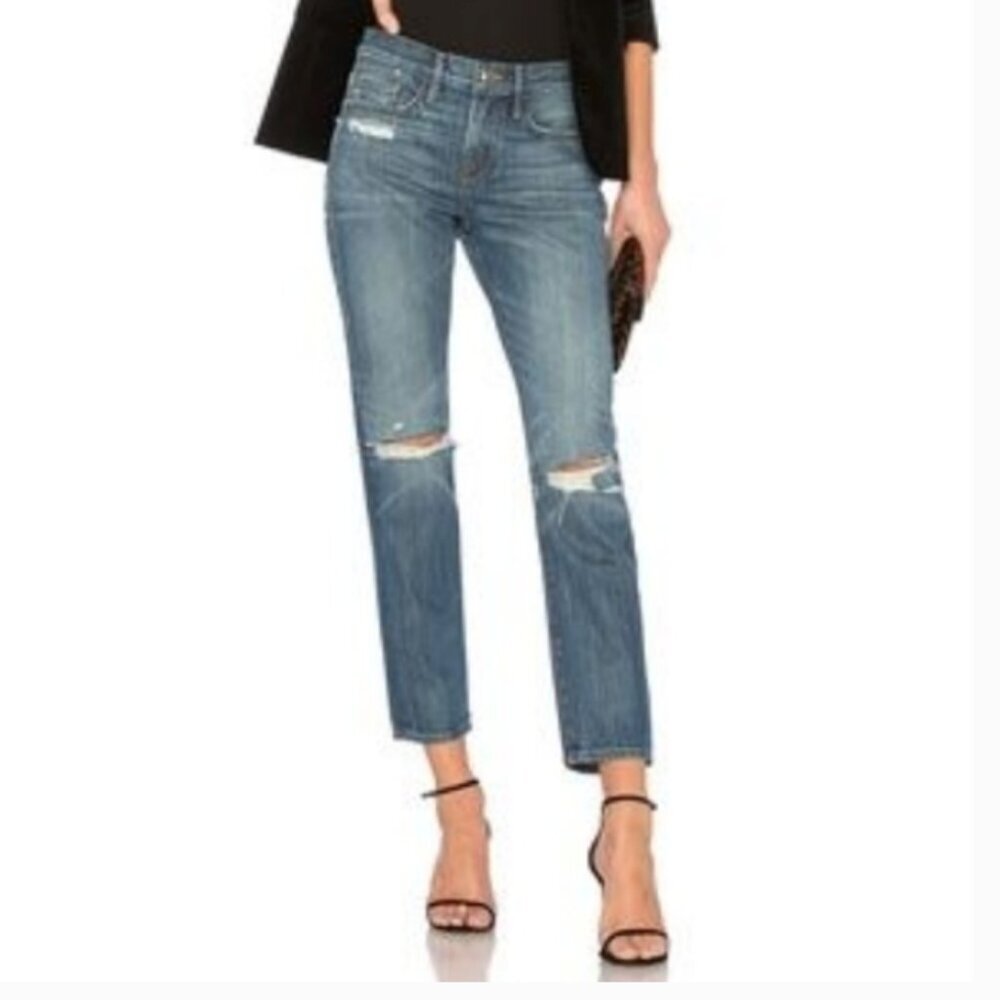 FRAME Women's Le Boy Distressed Jeans in Size 29 Cropped Straight Leg